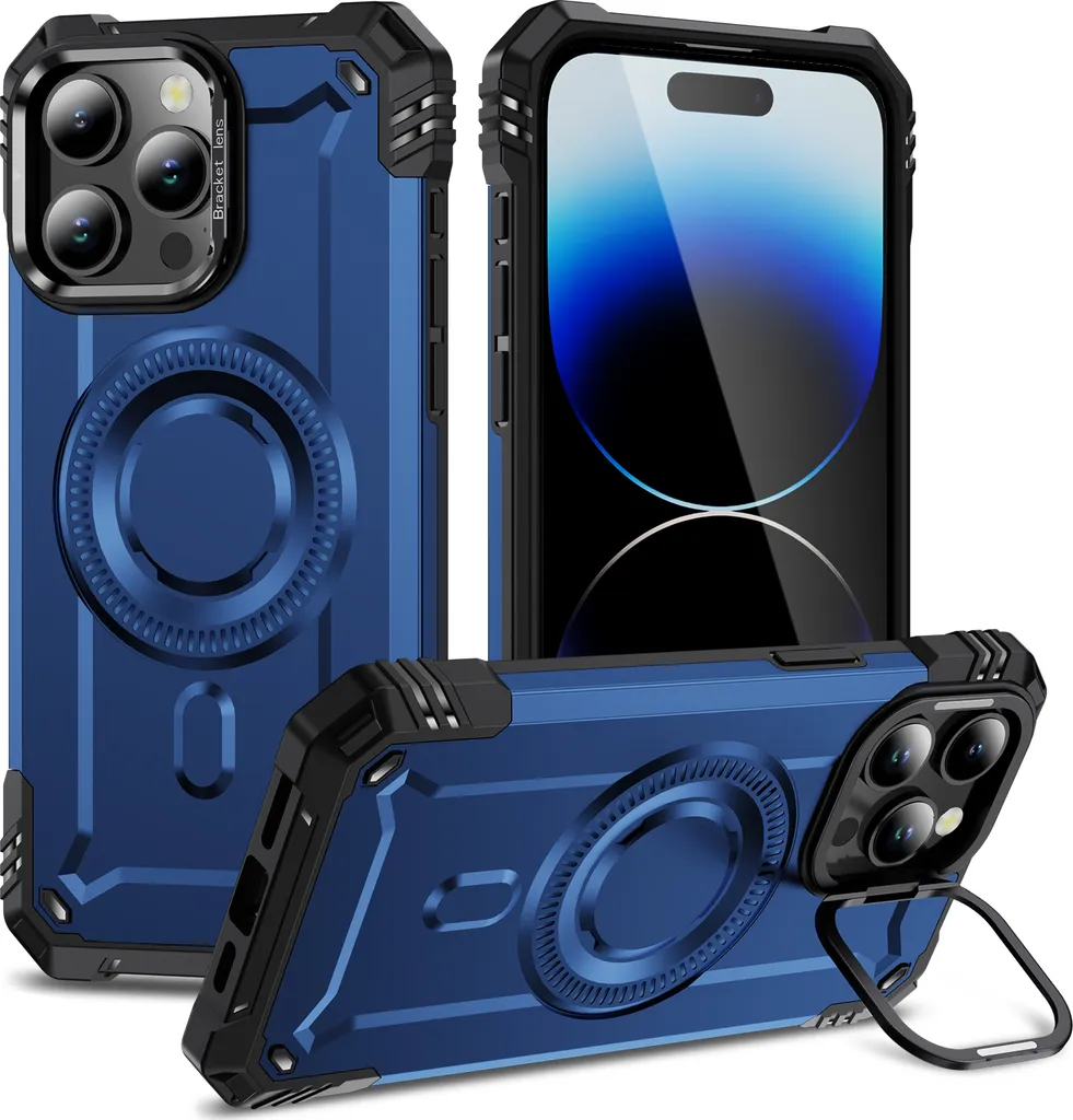 Custodia magnetica per iPhone 14 Pro, robusta custodia protettiva militare con supporto ad anello per fotocamera Blu