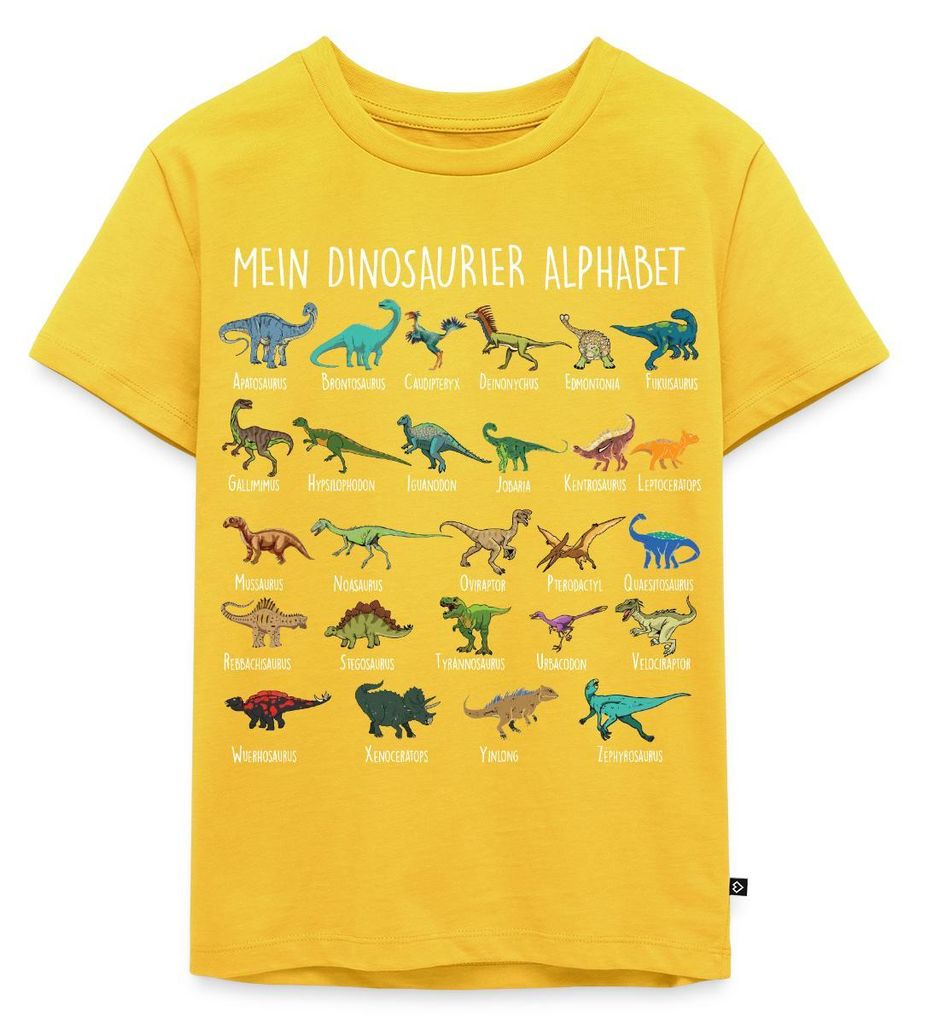 Spreadshirt Dinosaurier Alphabet Einschulung Kinder Premium T-Shirt, 122/128 (6 Jahre), Sonnengelb