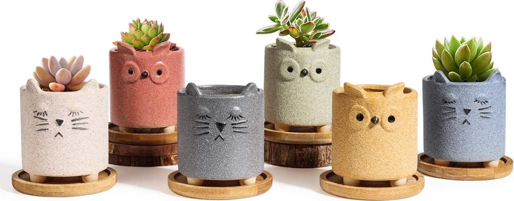 Blumentopf aus Keramik mit Bambustablett, 6er-Set, kleiner Pflanzentopf mit Tiermotiv, grobe Keramik, matte Oberfläche, Pflanzbehälter für den I...