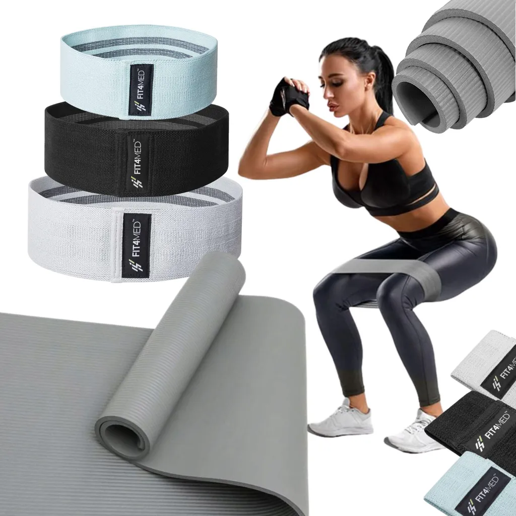 Tapis de sport épais 10mm et kit de 3 bandes de résistance Fit4med Gris