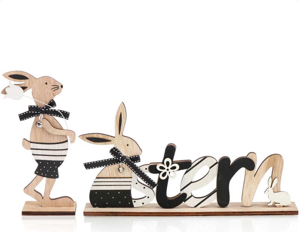 COM-FOUR 2-teiliges Set Oster-Deko aus Holz - Aufsteller mit Schriftzug und Osterhase - Holz-Deko für Ostern zum Hinstellen