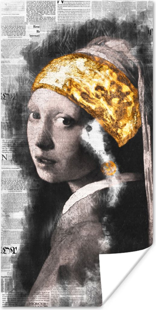 MuchoWow Poster Mädchen mit Perlenohrring - Gold - Aquarell 60x120 cm - Wandschmuck