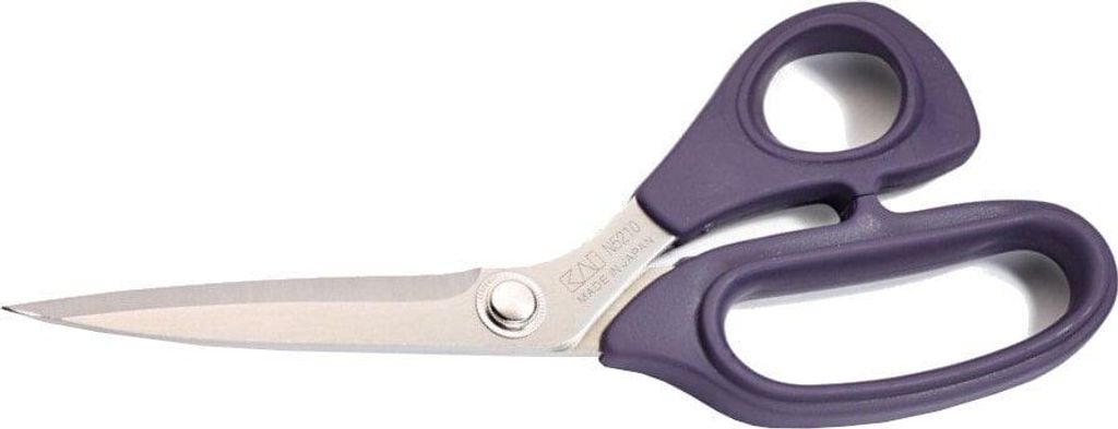 A pair of purple and silver professional scissors on a white background.