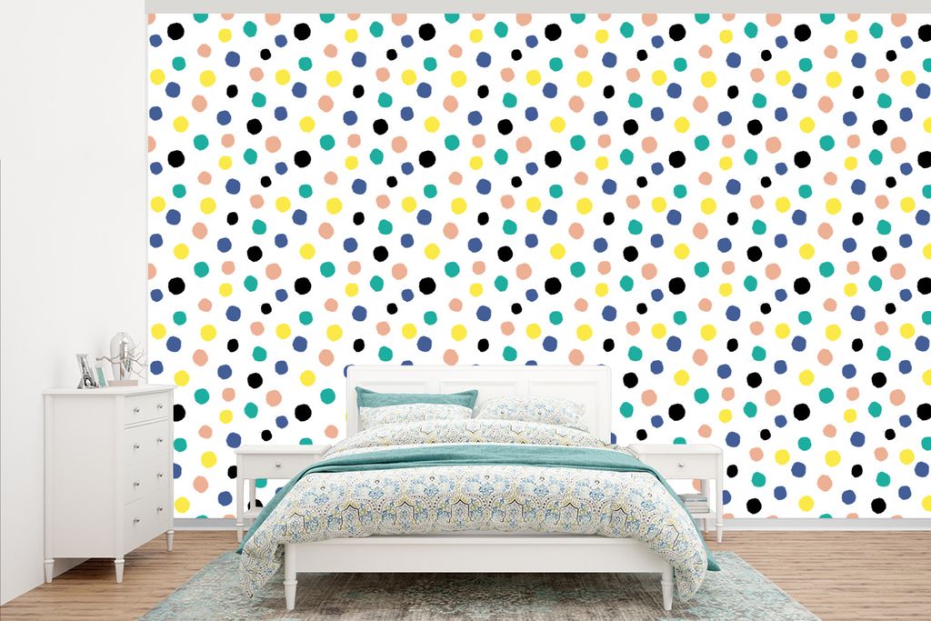MuchoWow Fototapete für Wohnzimmer oder Schlafzimmer Wandtapete Vinyl Motivtapete Polka dots - Muster - Gelb - 345x220 cm - Wohnzimmertapete