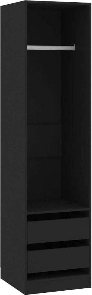 An empty black wardrobe with a hanging rod and drawers.