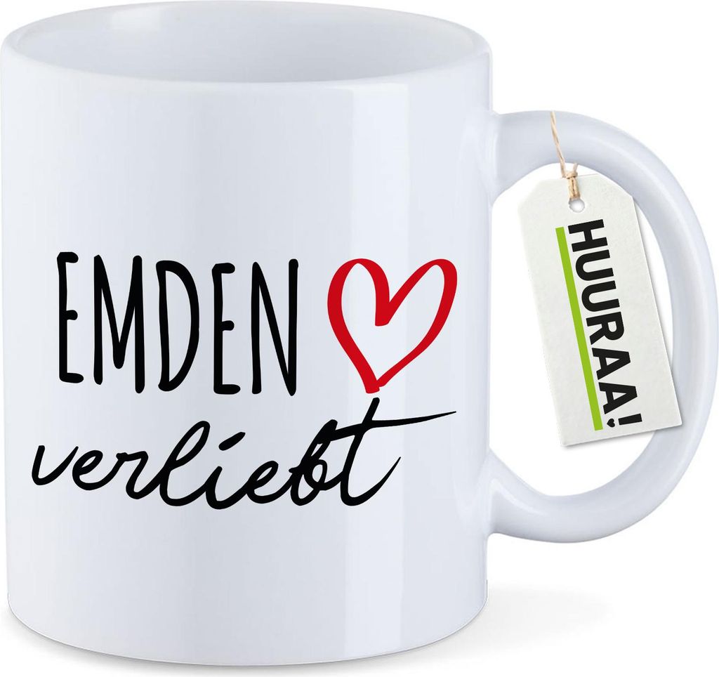 Huuraa Kaffeetasse Emden verliebt 330ml Weiß Keramik Kaffeebecher Geschenkidee