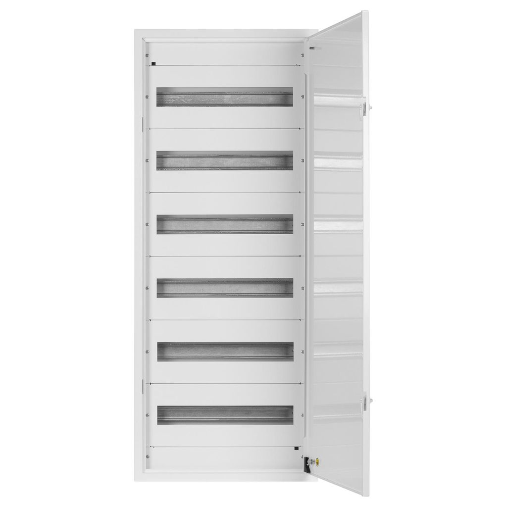 An open white metal electrical distribution box with multiple rows of slots for modules.