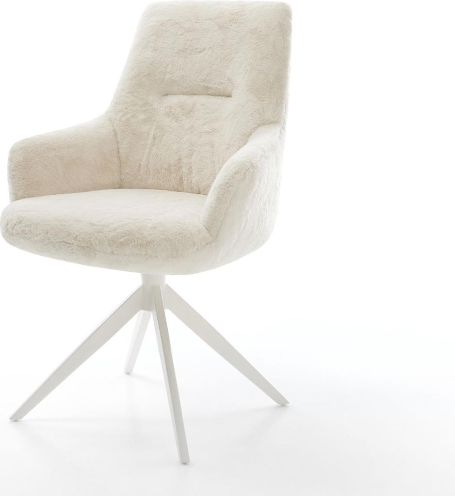 DELIFE Drehstuhl Zelia-Flex mit Armlehnen Plüsch Creme-Weiß Kreuzgestell breit Weiß 360° drehbar Wippfunktion Taschenfederkern