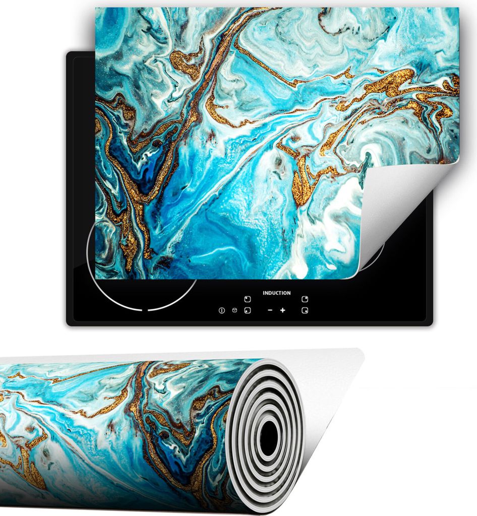 Herdabdeckplatte abdeckung Glaskeramikfeld abdeckplatte 80x52 cm Anti Rutsch Matte Aufrollbar, Marmor Blau