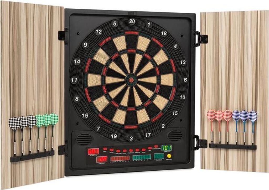A dartboard with darts and electronic scoring.