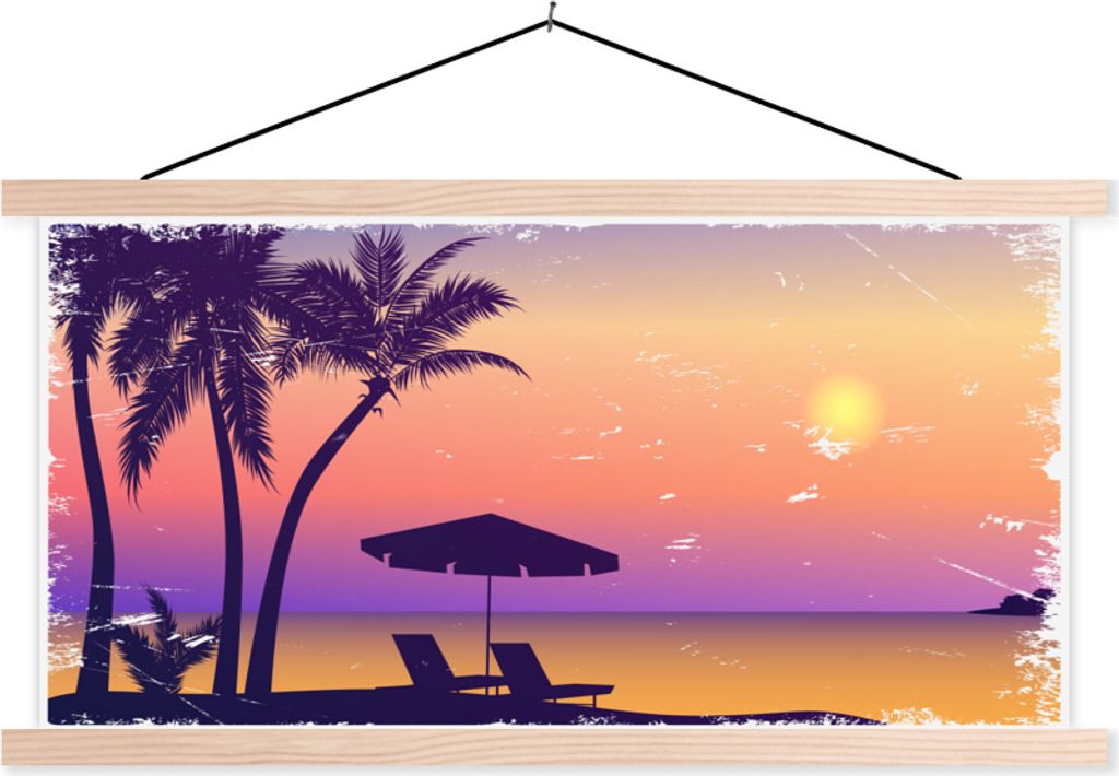 MuchoWow Textilposter Strandkorb - Sonnenschirm - Sand - Nacht 60x30 cm mit holzfarbenen Rahmen - Dekoration