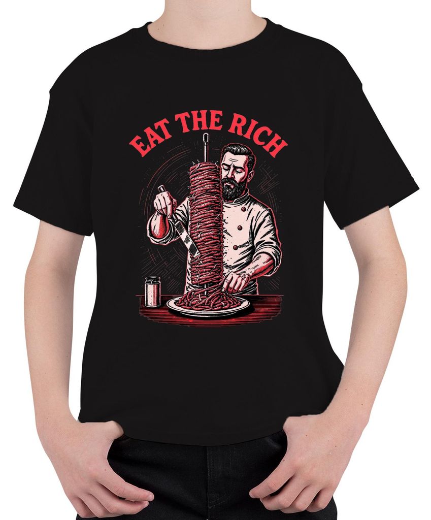 Eat The Rich Koch Döner Spieß Messer rot schwarz sarkastisch Uni Kinder T-Shirt, Schwarz, 128
