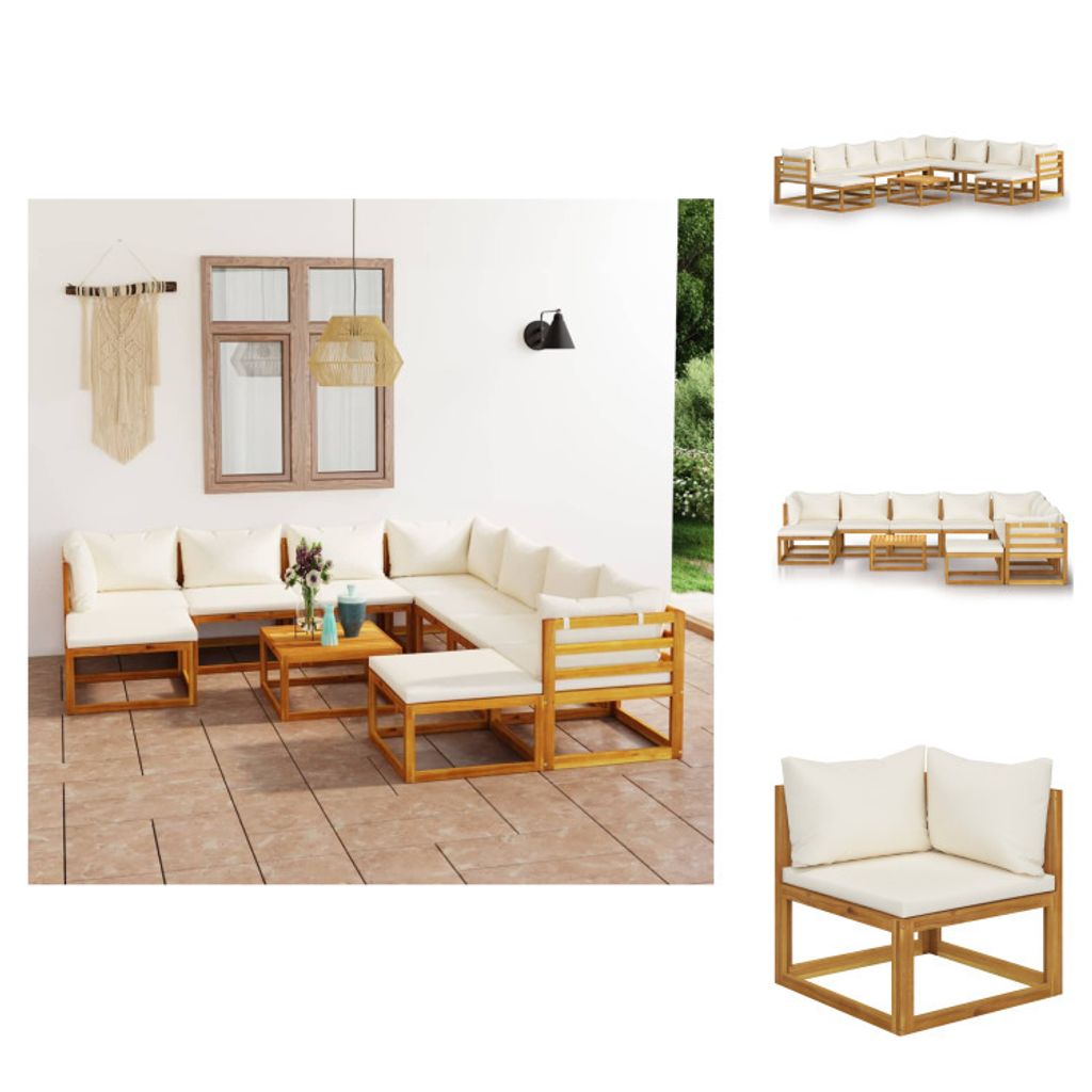 vidaXL 11-tlg. Garten-Lounge-Set mit Auflagen Creme Massivholz Akazie - Gartenmöbel-Sets