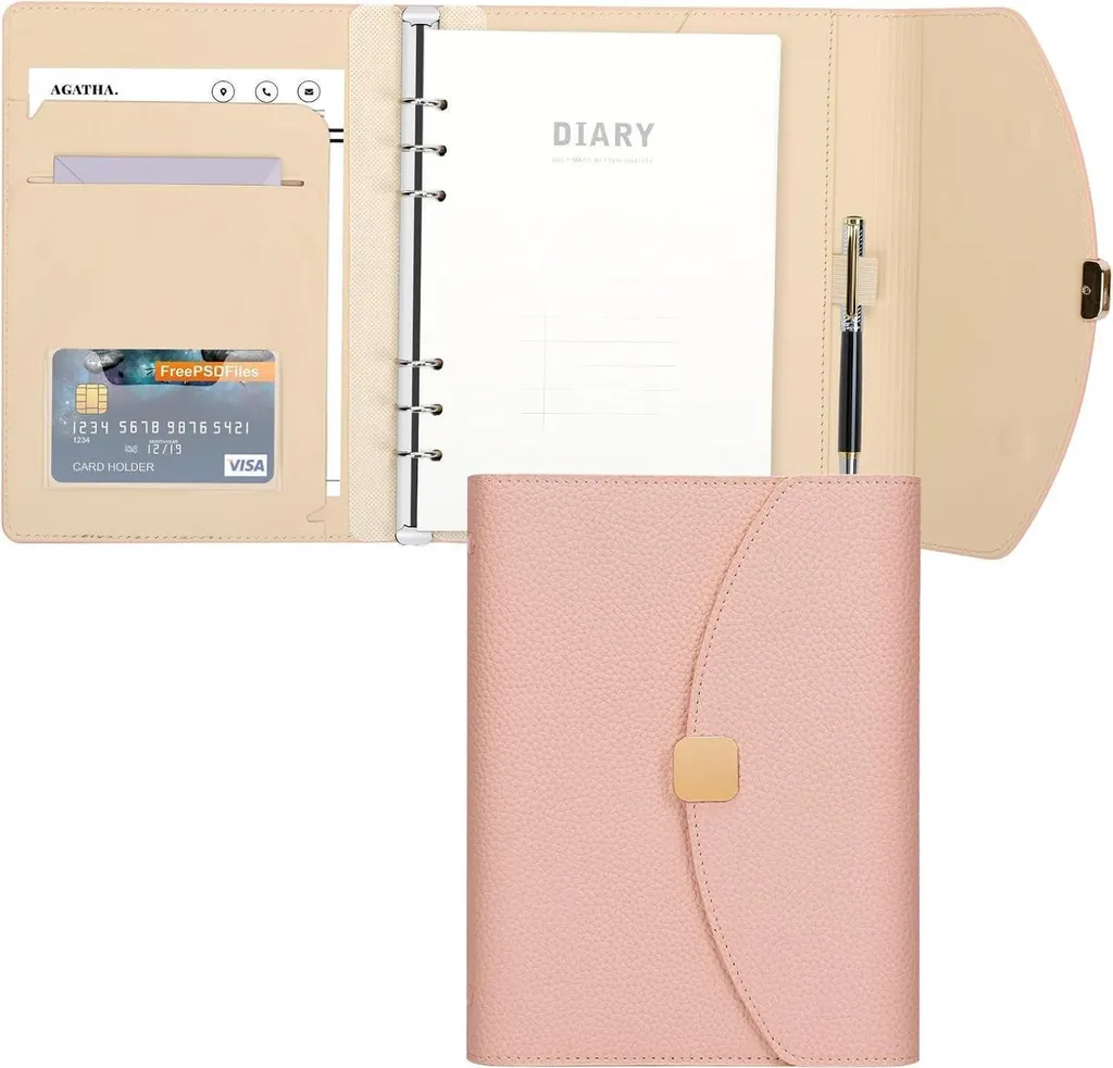 Cahier A5 binder en cuir PU rose à feuilles mobiles et reliure 6 anneaux