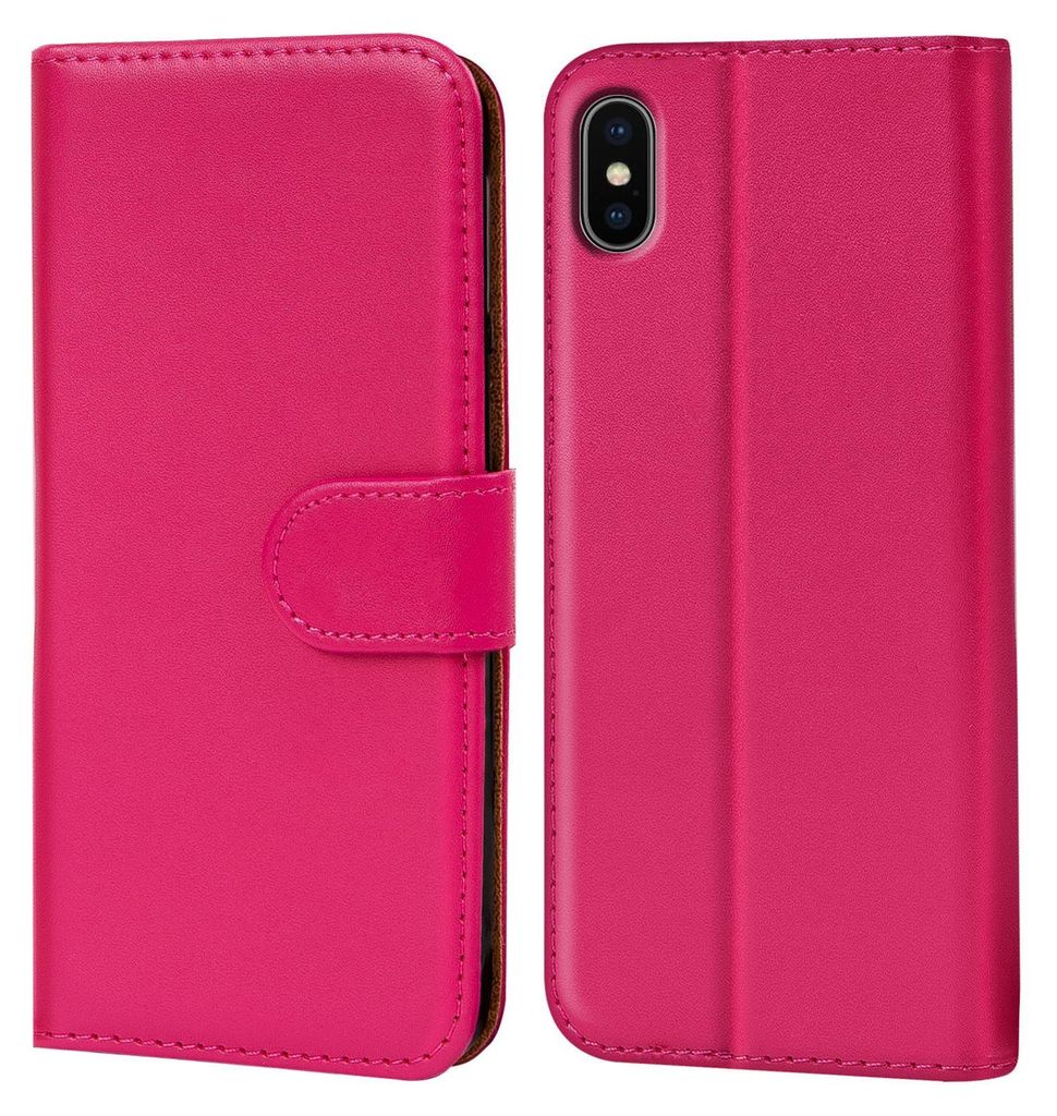 A pink flip case for a smartphone is shown open and closed.