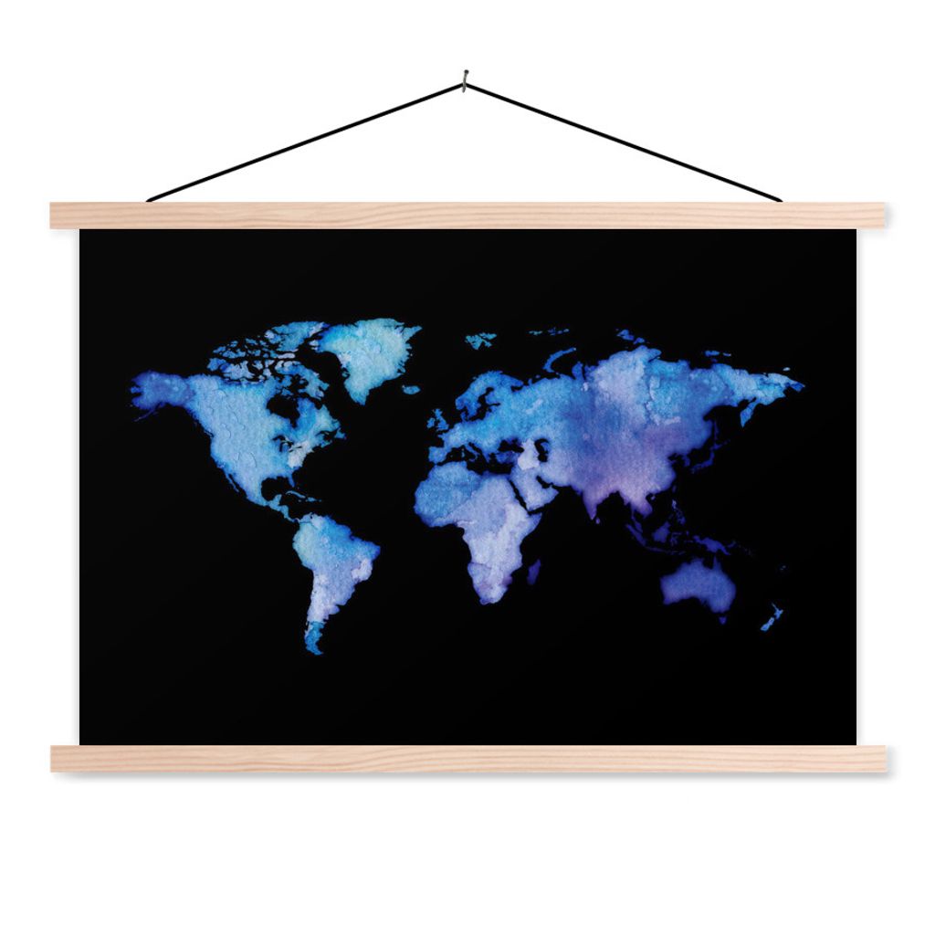 MuchoWow Textilposter Weltkarte - Aquarell - Violett 120x80 cm mit holzfarbenen Rahmen - Aufhängeset
