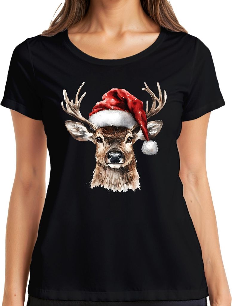 Weihnachtsrentier Aquarell Santa Vintage Geschenk Damen T-Shirt, Schwarz, M