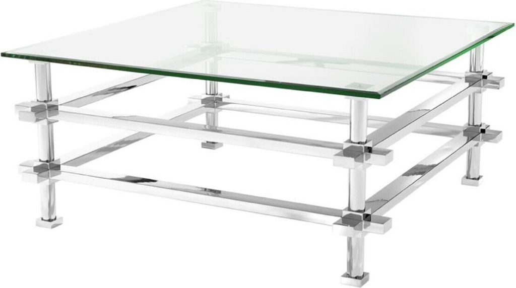 Casa Padrino Luxus Couchtisch Silber 100 x 100 x H. 45,5 cm - Edelstahl Wohnzimmertisch mit Glasplatte