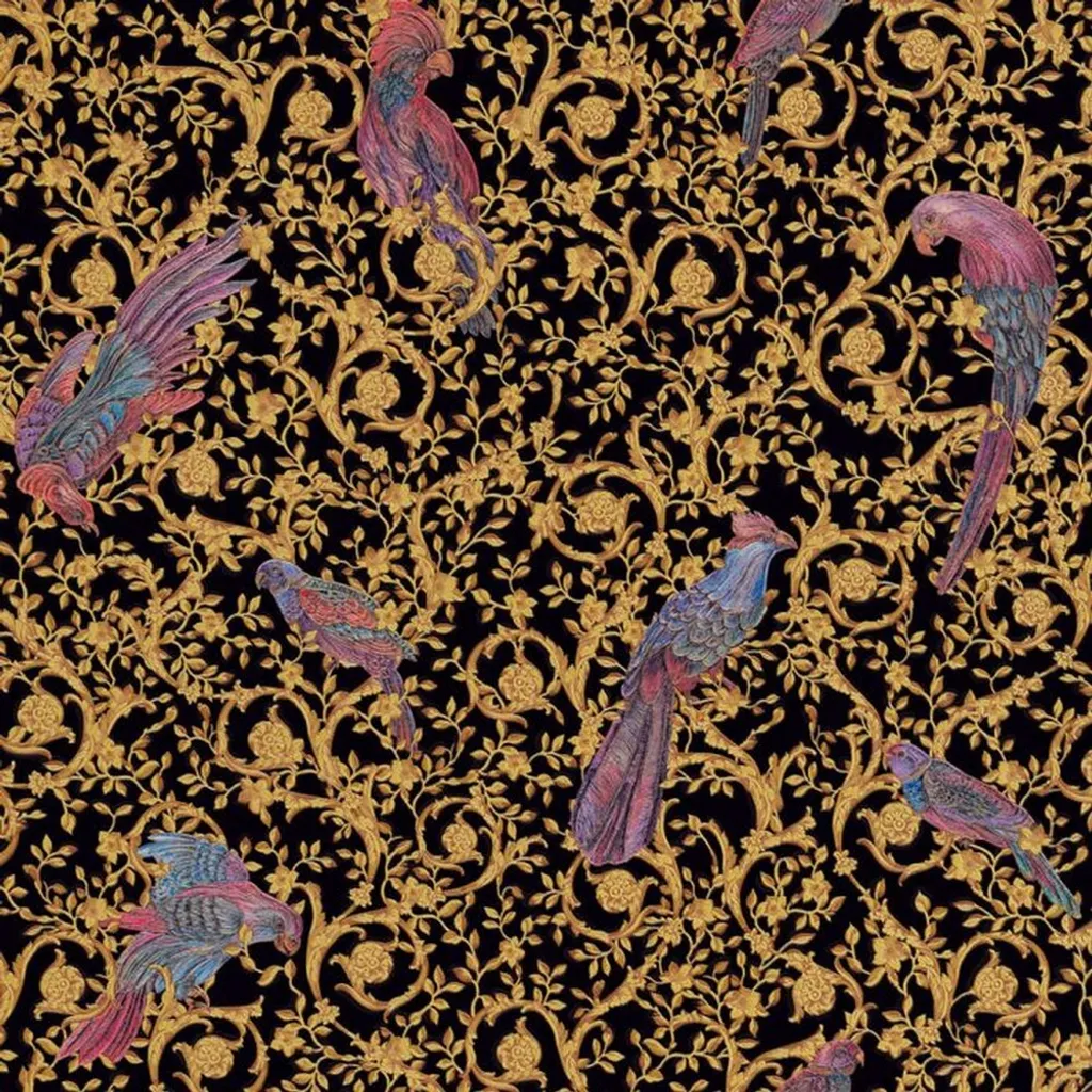 Papier peint intissé Versace Barocco noir/or : luxe et oiseaux exotiques