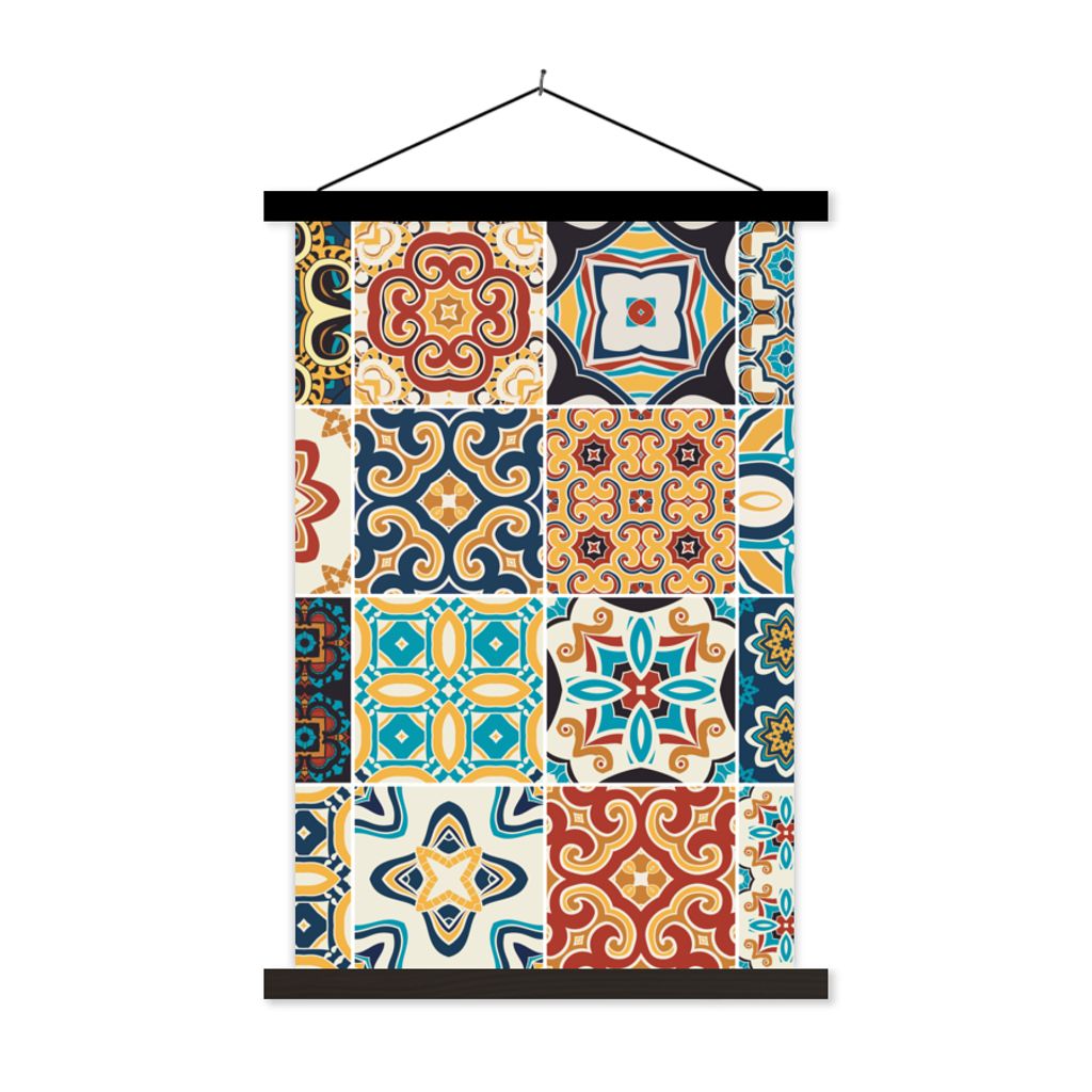 MuchoWow Textilposter Blumen - Vintage - Muster - Blau - Orange 60x90 cm mit schwarzem Rahmen - Poster Wohnzimmer