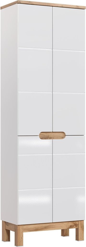 Hochschrank Für Badezimmer, 60 Cm, Weiß Glänzend, Eiche, 4 Türen, Stehend, Geräumig