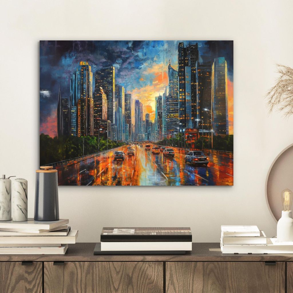 MuchoWow Wanddekoration Metall Metallbild Wandkunst 40x30 cm Auto - Skyline - Sonne - Blau MuchoWow Aluminium Gemälde - Dekoration Wohnzimmer