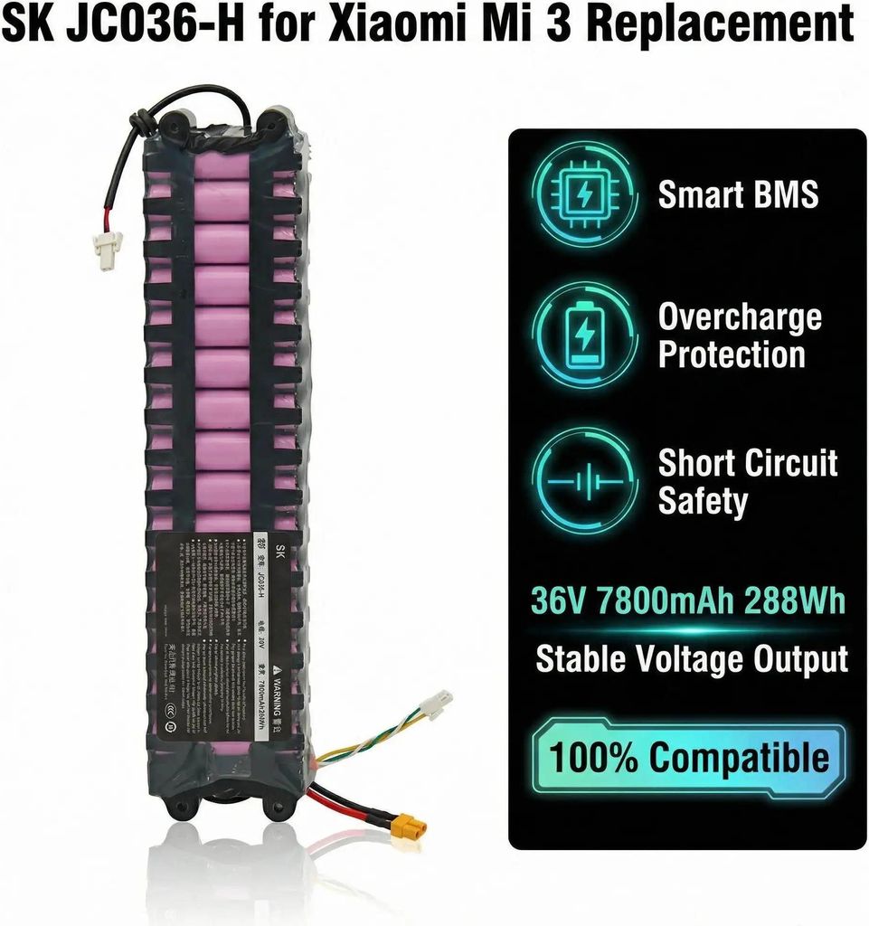 E‐Scooter Akku - Li‐Ion 36 V Batterie - Kapazität 7800 mAh 10S3P - Kompatibel mit M365/M365 Pro - Größe 340×70×45 mm - Gewicht 1,5 kg - Lila