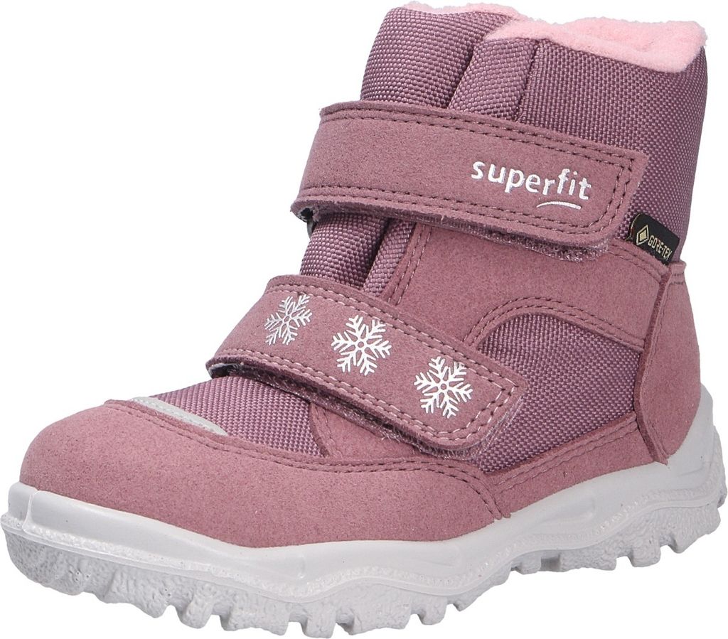 A single pink and purple winter boot for children.