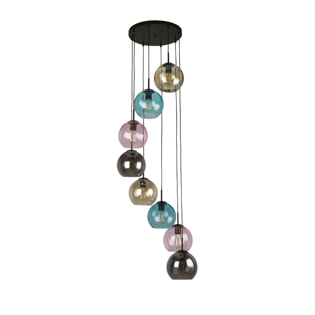 Hängelampe Metall Glas D: 54 cm rund H: max. 200 cm Schwarz Bunt E27 Kugel Schirm Retro Hängeleuchte