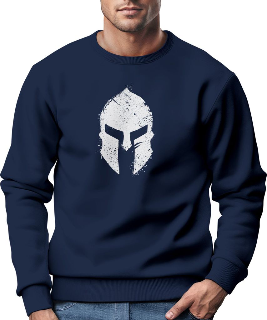 Sweatshirt Herren Print Sparta-Helm Spartaner Gladiator Krieger Warrior Rundhals-Pullover Bedruckt Fashion Streetwear Neverless navy weiß M