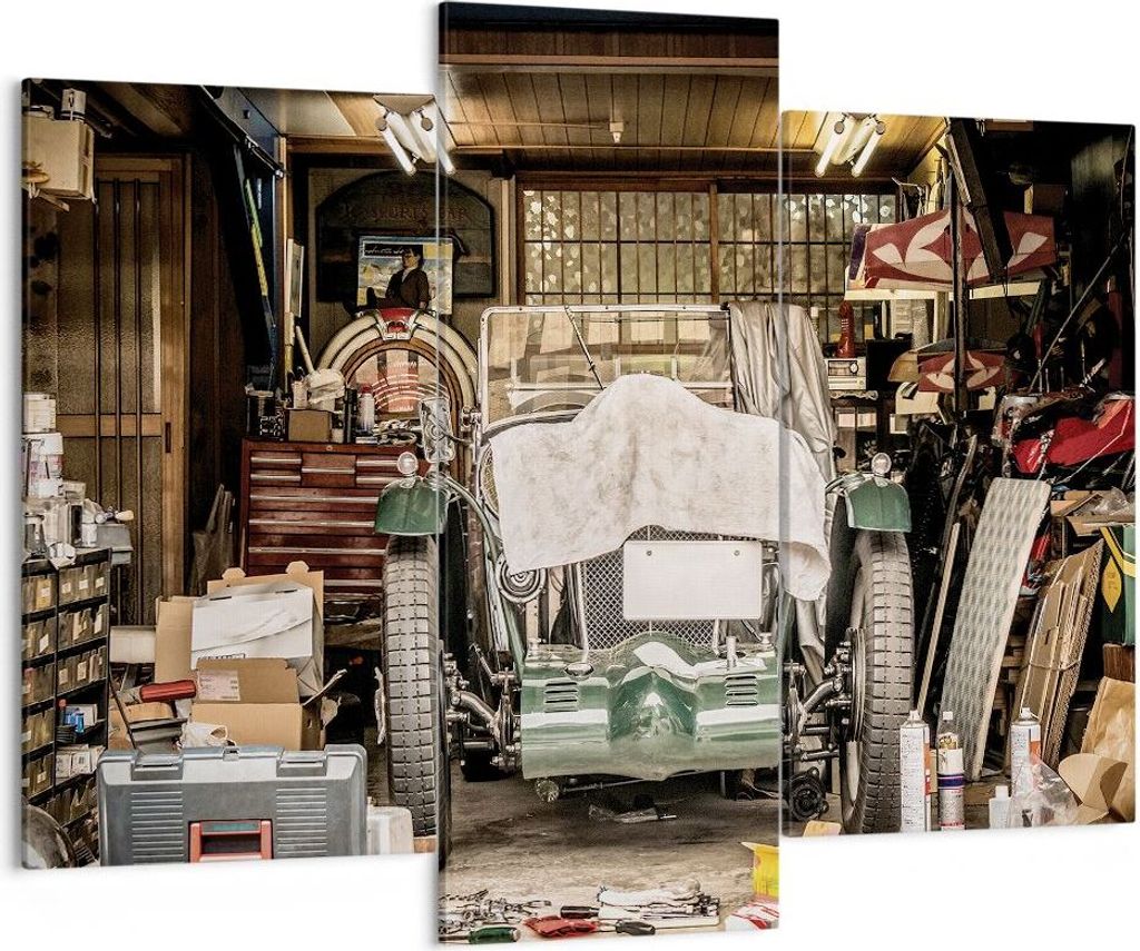 Bild auf Leinwand - Leinwandbild - 3 Teile - Historisch Auto Garage - 130x100cm - Wand Bild - Wanddeko - Wandbilder - Leinwanddruck - Bilder - Wand...
