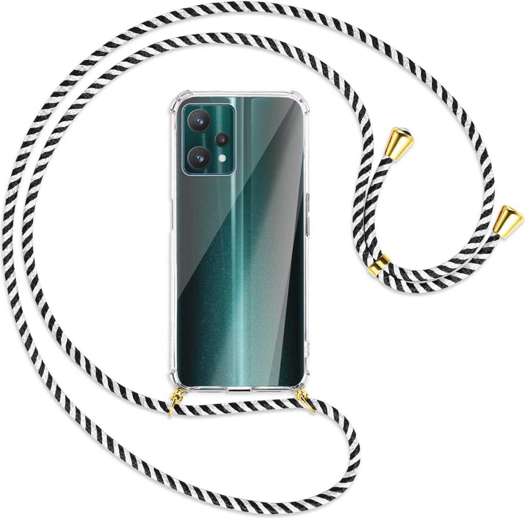 Handykette Backcover-Schutzhülle mit Band (Metall goldfarben) für Realme 9 Pro 5G - schwarz/weiß gestreift