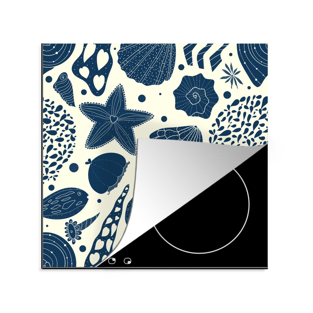 KitchenYeah Herdabdeckplatte Muscheln - Strand - Blau - Muster , 78x78cm, Küche Deko, Glaskeramikkochfeld Herdabdeckung, Abdeckplatte fùr Kochfeld