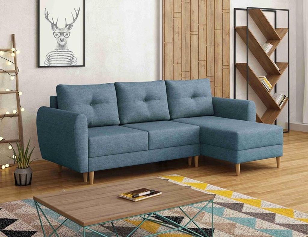 Easy4You Blau Ecksofa Manstad in L-Form 235x90x145 cm mit Schlaffunktion und Bettzeugbehälter - Schlafsofa mit Bettkasten und Holzfüße - Eckcouc...