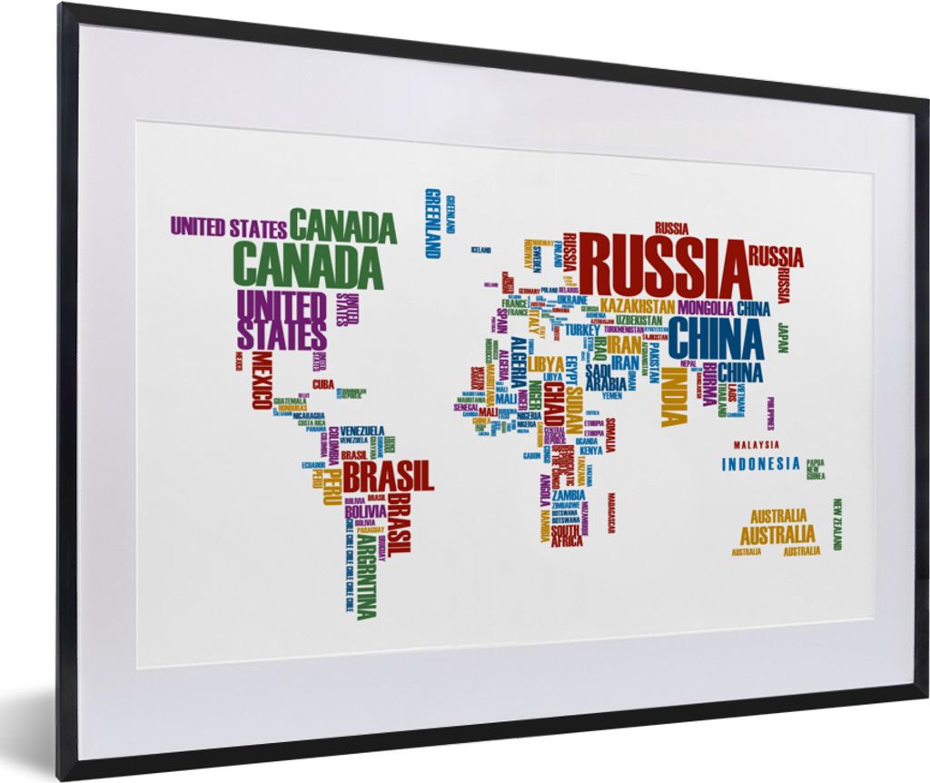 MuchoWow Gerahmtes Poster Weltkarte - Buchstaben - Farben - Kinder - Mädchen 60x40 cm - Poster mit Schwarzem Bilderrahmen Wandposter Rahmen Foto...