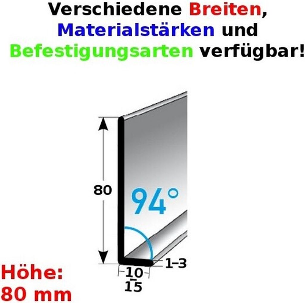Sockelleiste | Edelstahl | Silber | Breite 10 mm | Höhe 80 mm | Länge 2500 mm | Materialstärke 1 mm | Gebohrt | Fußleiste | 1 Stück