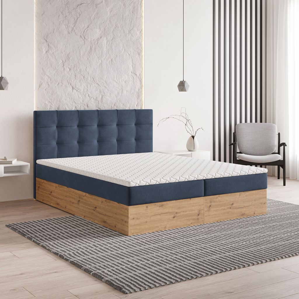 Masseno Boxspringbett MOLVEN 160x200 cm Komplett-Set mit Bonell Matratze und Topper, Polsterbett mit Bettkästen -Blau, SORO 76