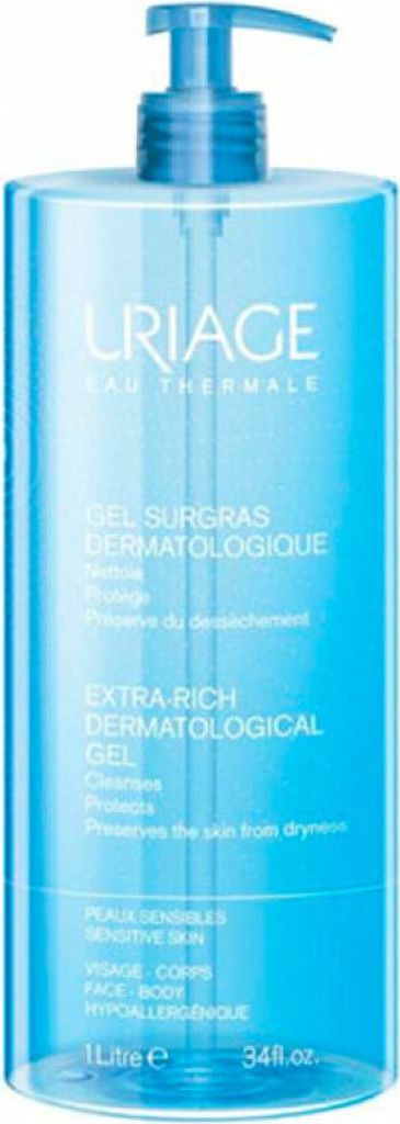 A clear product shot of a large bottle of Uriage Extra Rich Dermatological Gel with a pump dispenser.