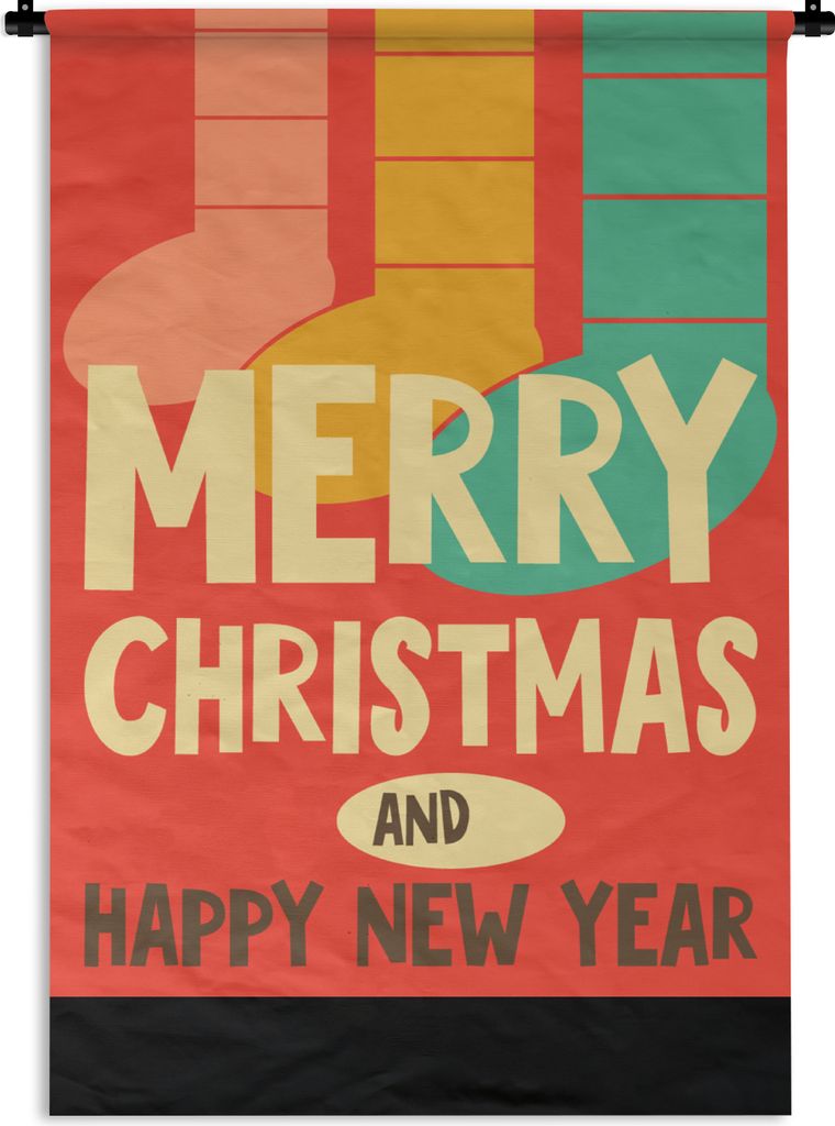 MuchoWow Wandteppich Wandbehang Weihnachtssocken - Illustration - Weihnachten - Zitate - Sprichwörter - Frohe Weihnachten und ein gutes neues Ja...