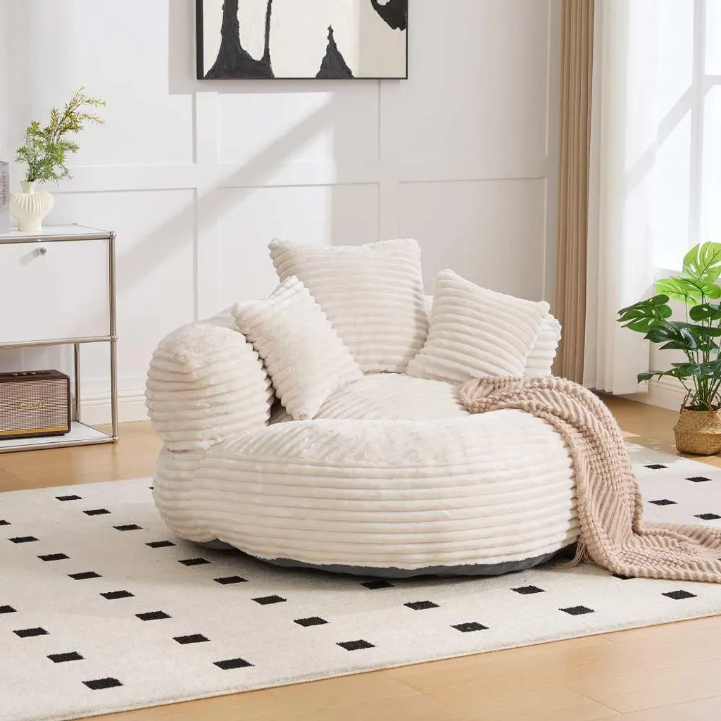 AIORBER Pouf Cord XXL avec Dossier et Accoudoirs - Fauteuil Beige Confort