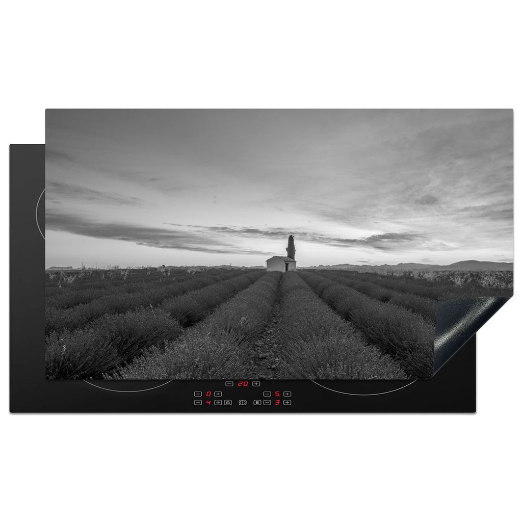 KitchenYeah Herdabdeckplatte Lavendelfeld in Frankreich - schwarz und weiß , 90x52cm, Küche Deko, Glaskeramikkochfeld Herdabdeckung, Abdeckplat...