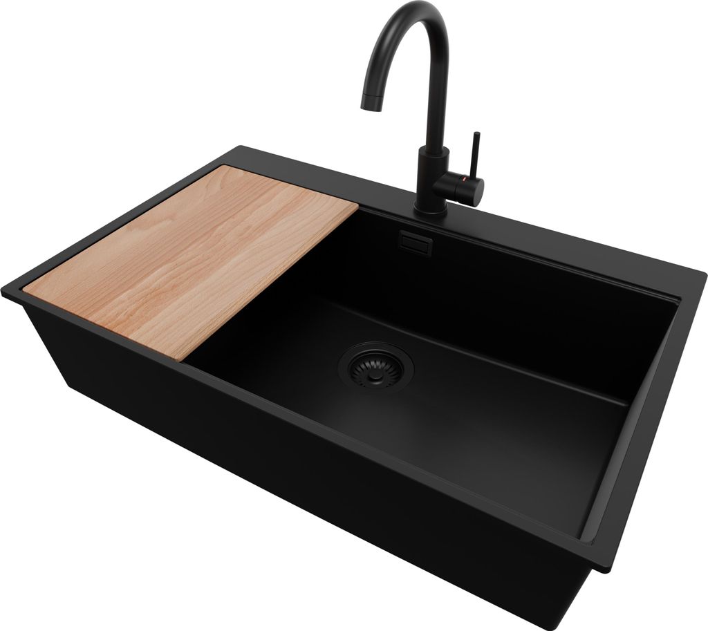 PRIMAGRAN Granitspüle Alles Schwarz 78x50cm, Spülbecken 1 Becken + Küchenarmatur 32x20cm + Ablauf-Set + Schneidebrett, Küchenspüle ab 80er Unt...