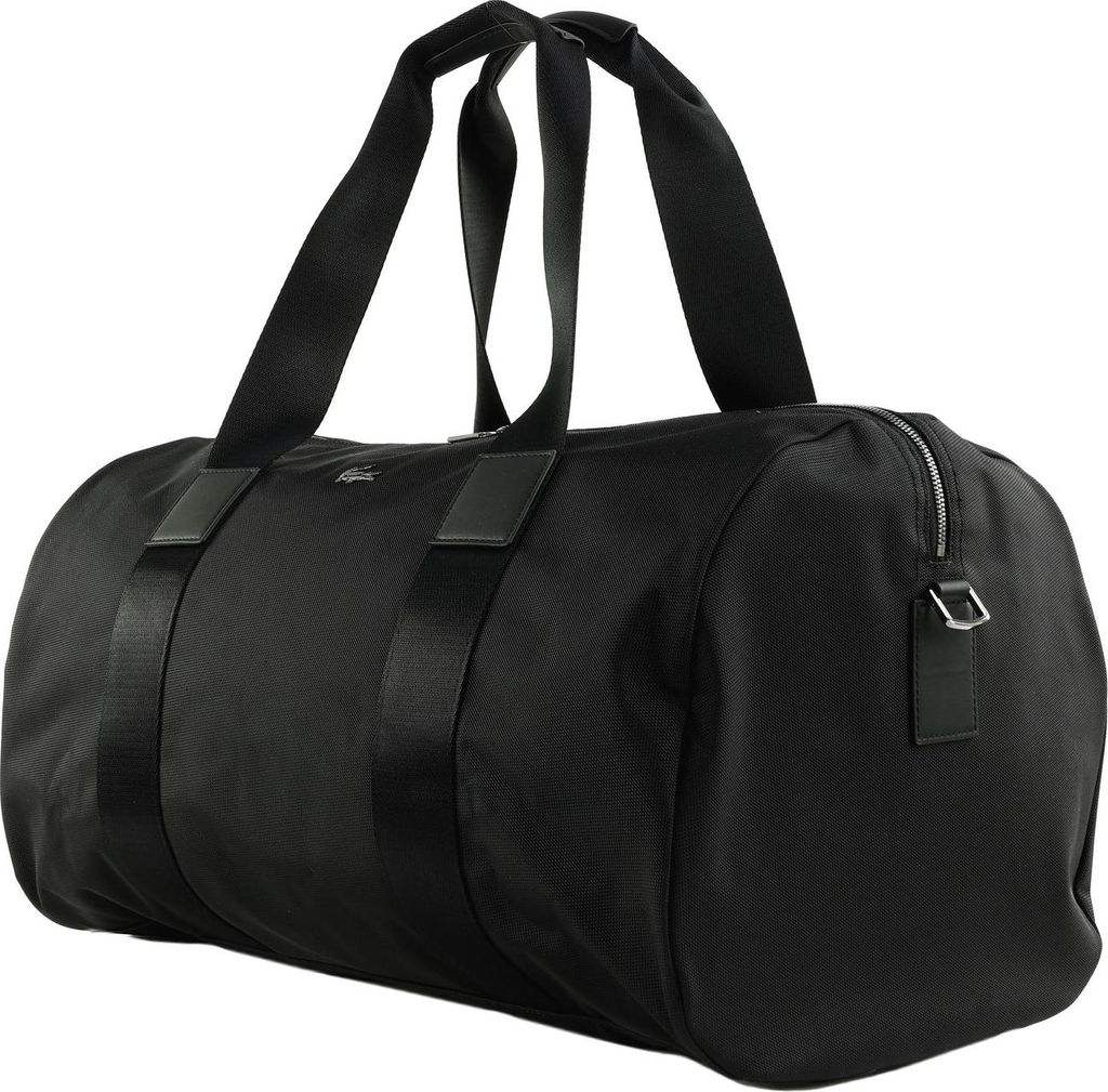 A black duffel bag with black straps and leather accents, shown against a white background.