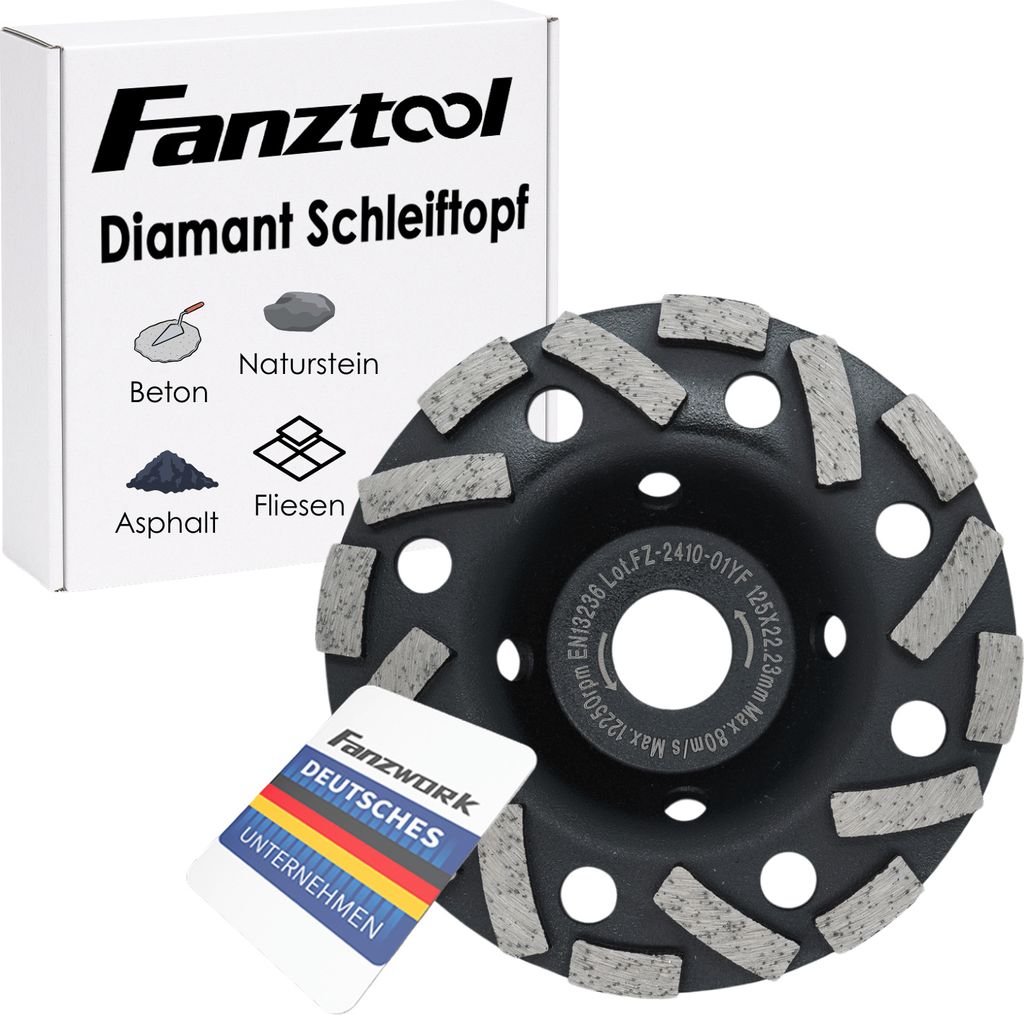 FANZTOOL Diamant-Schleiftopf Abrasiv 125 mm x 22,2 mm, für Estrich, Asphalt, Putz, Turbo-Staubsaugung-Effekt