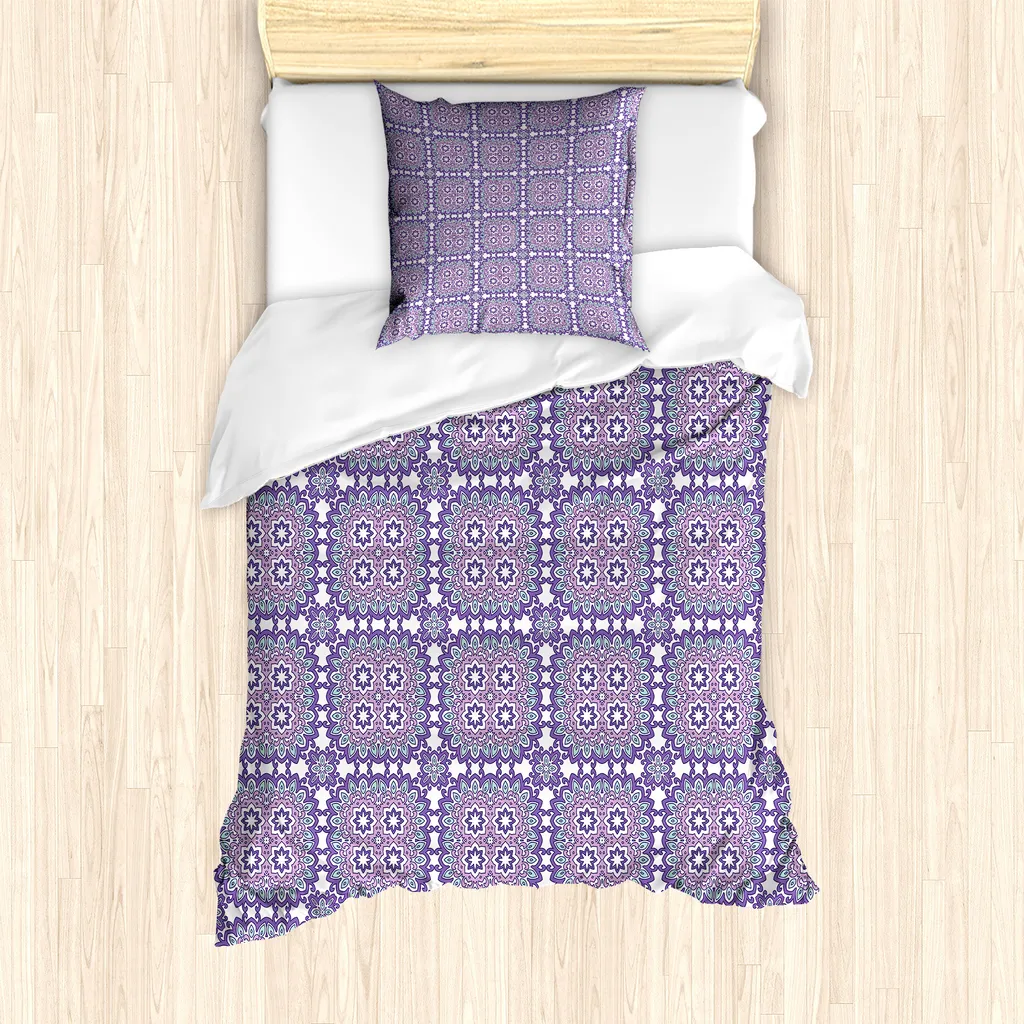ABAKUHAUS Set copripiumino astratto per letti singoli, motivi floreali, antiacaro, adatto a chi soffre di allergie, con federa, 135 cm x 200 cm - 80 x 80 cm, blu viola verde menta
