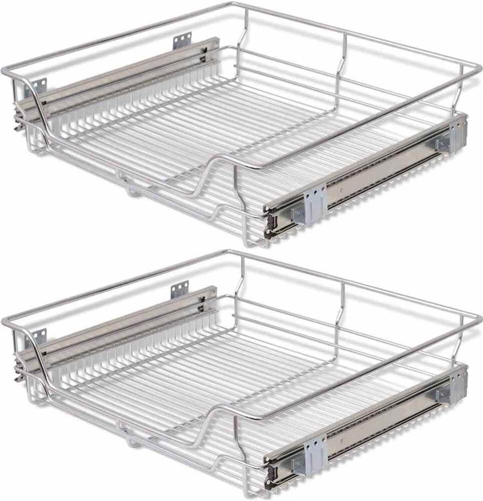 Two identical wire mesh pull-out drawers with metal slides are shown against a white background.
