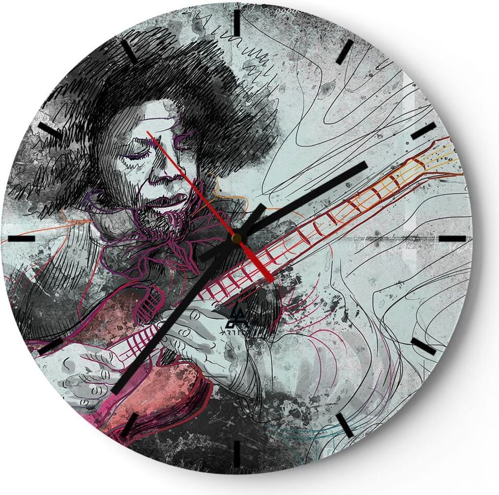 Wanduhr - Rund - Glasuhr - Lied Gitarre Künstler Instrument - 30x30cm - Schleichendes Uhrwerk - Lautlos - zum Aufhängen bereit - Dekoration Moder...