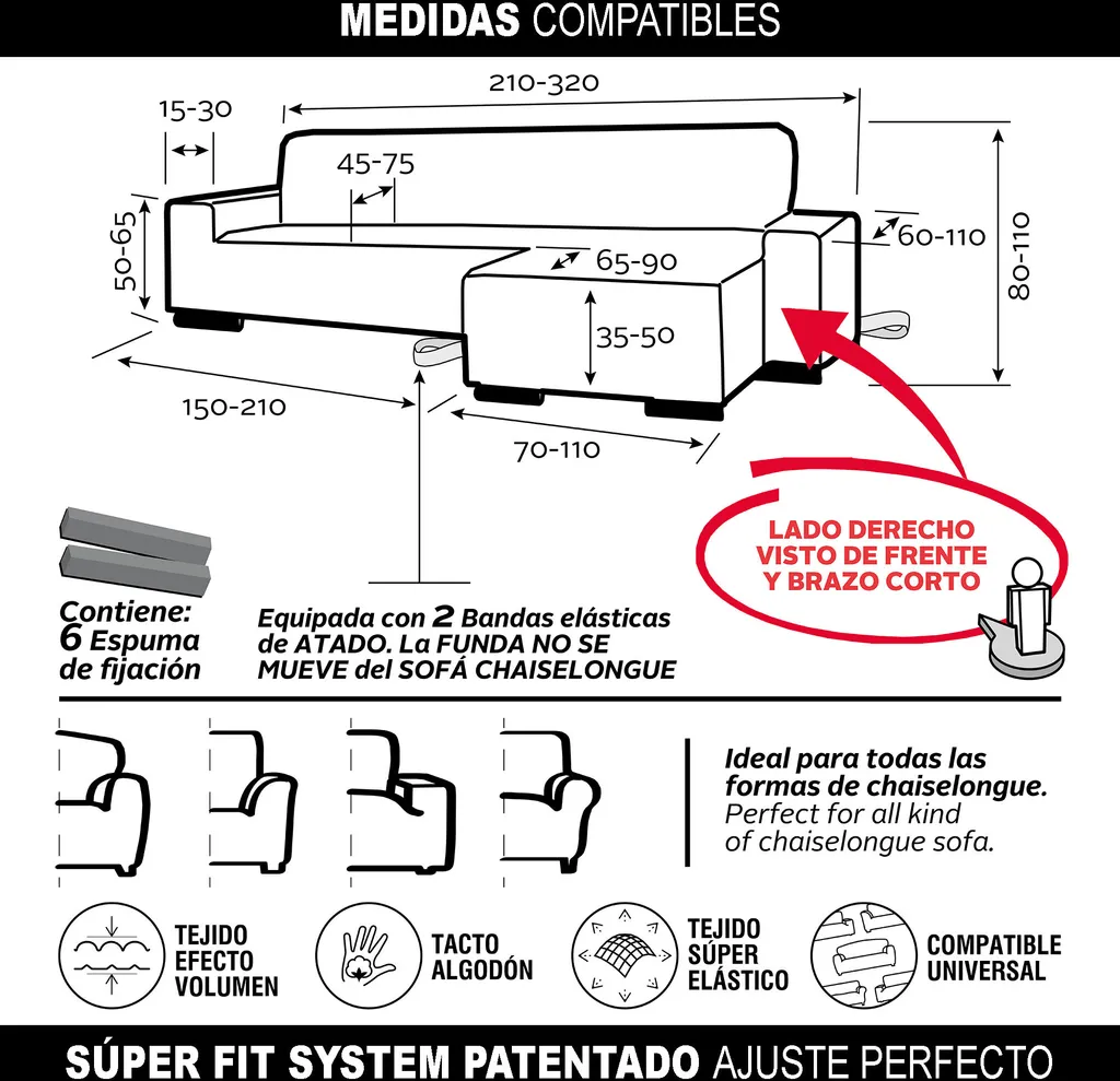 SOFASKINS® Copri Chaise Longue Super Stretch, Copri Divano con bracciolo corto destro, Traspirante, Comodo e Durevole, Dimensioni del Divano Compatibili (210-340 cm), Colore Marrone - 7