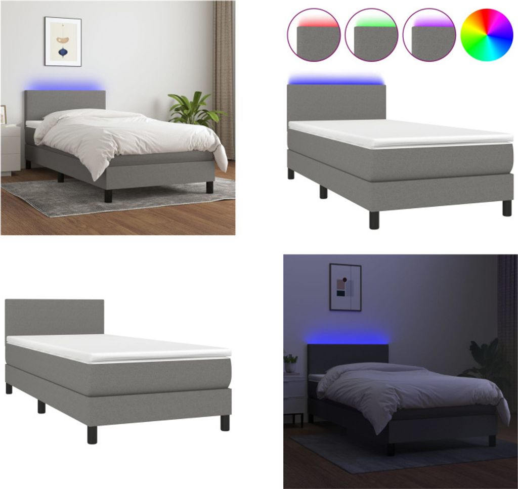 vidaXL Boxspringbett mit Matratze & LED Dunkelgrau 100x200 cm Stoff - Boxspringbett - Boxspringbetten - Bett - Schlafzimmermöbel