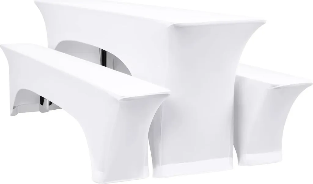 Housses de banc et nappe blanche pour mariage et réception de jardin 220cm